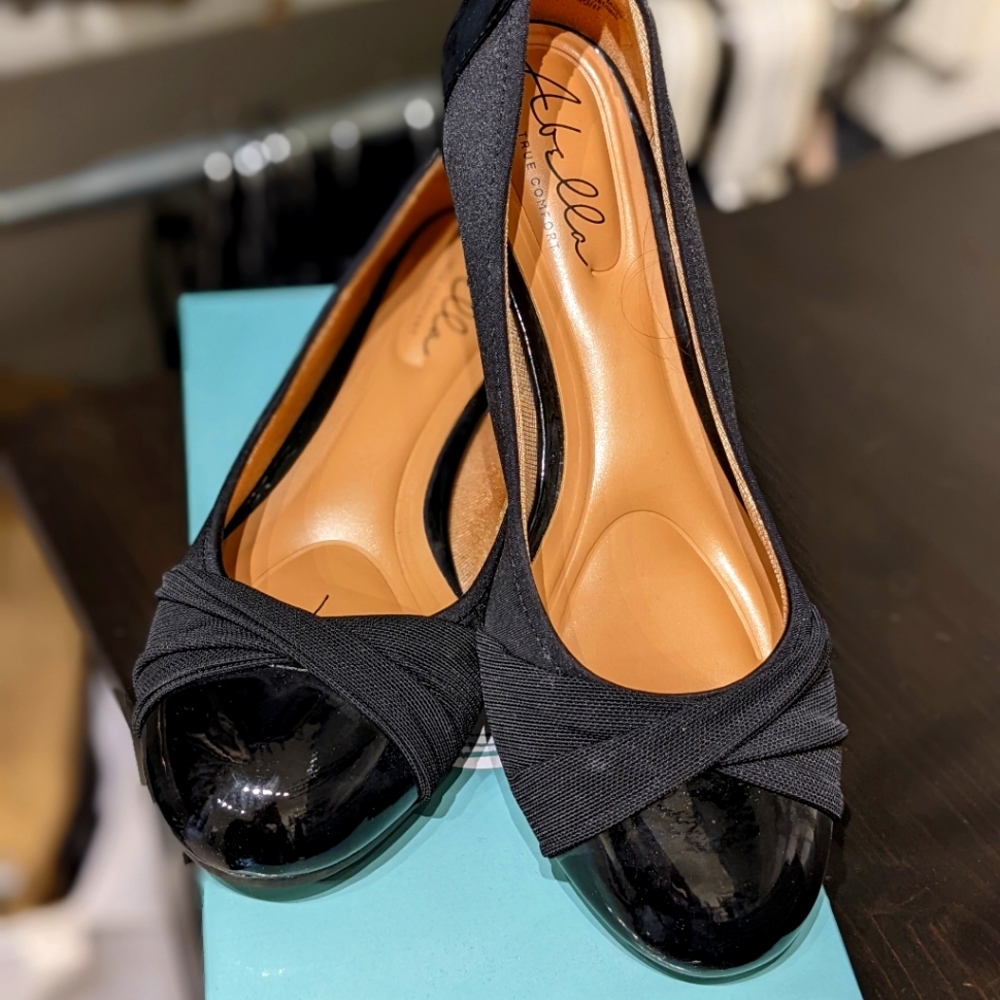 Abella Flight black patent wedge slip ons